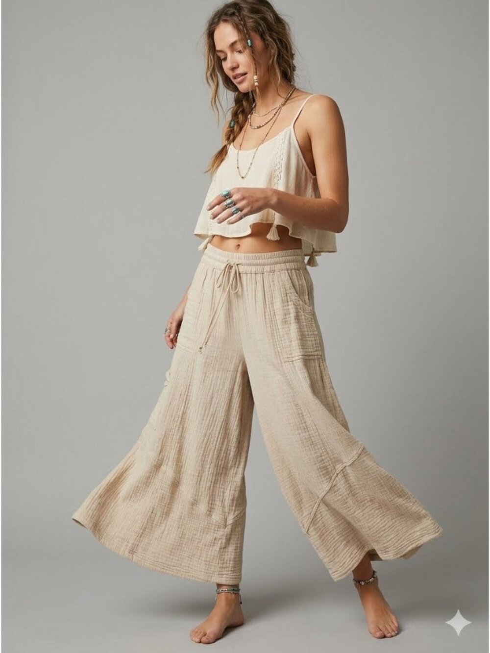 Super Star Pants Size L Beige Cotton Cargo Gauzy Boho Pants Relaxed Fit Cropped